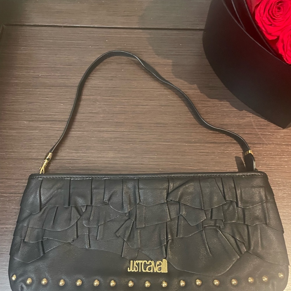 Roberto Cavalli - Just Cavalli Black leather ruffle, clutch with gold grommet - Picture 2 of 12